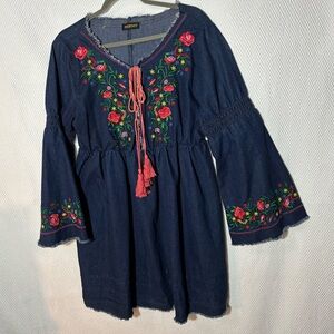 Reborn Sz L (estimated) Denim Mini Dress with Floral Embroidery Bell Sleeves